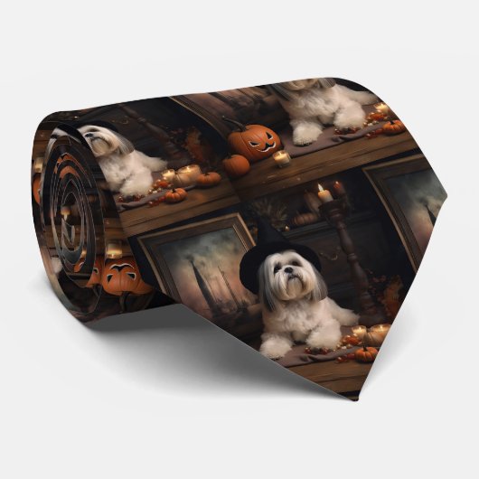 Cravate Lhasa Apso Citrouille Halloween effrayant (Roulé)
