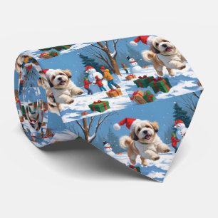 Cravate Lhasa Apso courant dans la neige avec un chapeau d