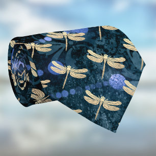 Cravate Libellules dorées sur damas bleu sarcelle vintage