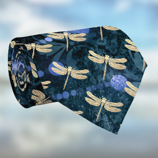 Cravate Libellules dorées sur damas bleu sarcelle vintage