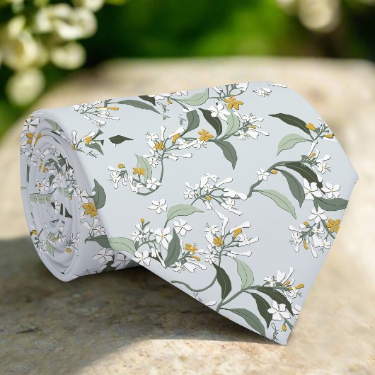 Cravate Light Blue Wild Flowers Leaves Nature Pattern