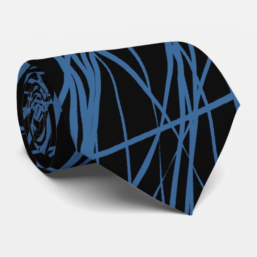 Cravate Lignes Abstraites - Bleu Désert sur Noir (Roulé)