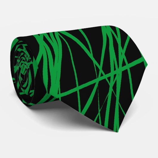 Cravate Lignes Abstraites - Vert herbe sur noir (Roulé)