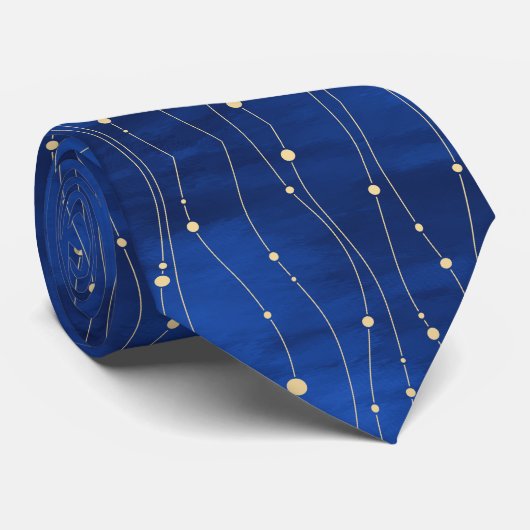 Cravate Lignes et points dorés abstraits sur fond bleu (Roulé)