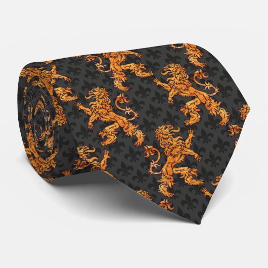 Cravate Lions d'or médiéval Fleurs en noir (Roulé)