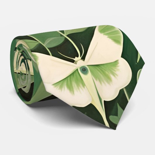 Cravate Luna Moth et fleurs - Vert et Crème (Roulé)