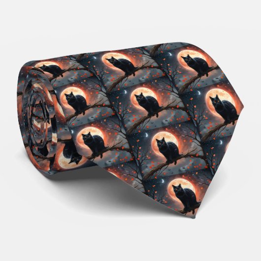 Cravate Lune de chat noir d'Halloween effrayant, (Roulé)