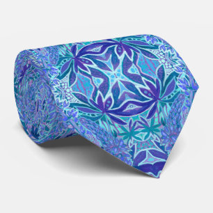 Cravate Lupine Fleurs Bohème Arabesque Motif Bleu
