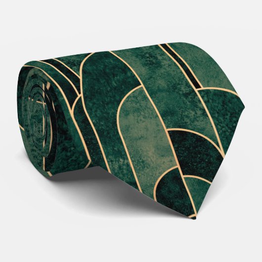 Cravate Luxueux Motif Art déco Vert et Or (Roulé)
