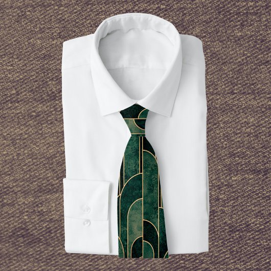 Cravate Luxueux Motif Art déco Vert et Or