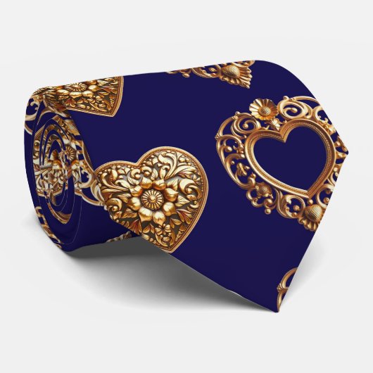 Cravate Luxurious Golden Baroque Hearts Pattern on Navy Bl (Roulé)