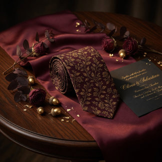 Cravate Luxury Vintage Gold Floral on Dark Burgundy Maroon