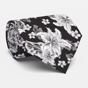 Cravate Magnifique motif de fleurs noir et blanc