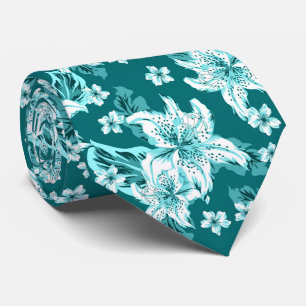 Cravate Magnifique motif de fleurs turquoise