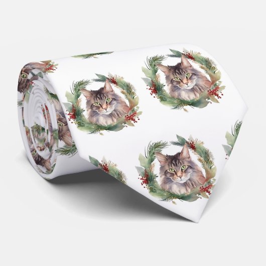 Cravate Maine Coon Chat Noël Wreath Festive Kitten (Roulé)