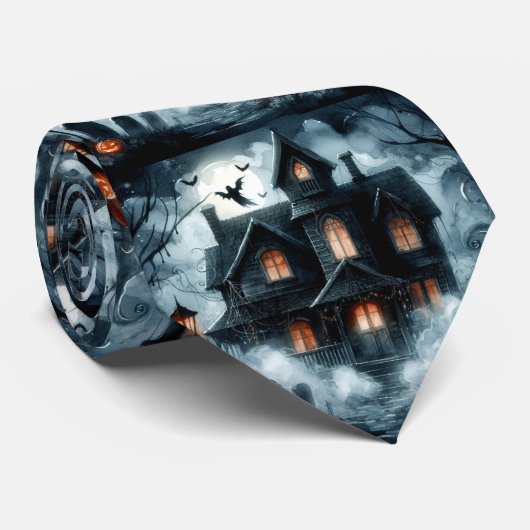 Cravate Maison hantée d'Halloween avec des fantômes (Roulé)