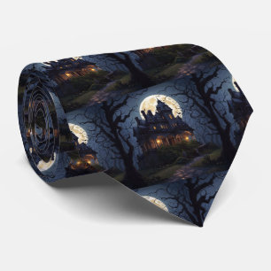 Cravate Maison Hantée Halloween avec lune