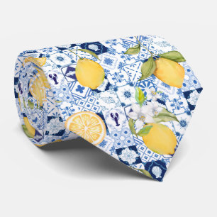 Cravate Majolique bleue méditerranéenne et citron 