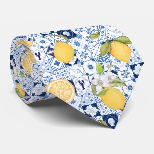 Cravate Majolique bleue méditerranéenne et citron (Roulé)