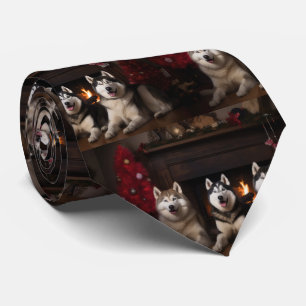 Cravate Malamute d'Alaska au coin de la cheminée Noël