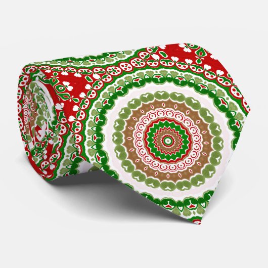 Cravate Mandala de Noël en or rouge, vert et chaud (Roulé)