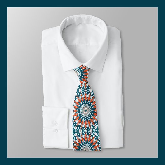 Cravate Mandala géométrique sarcelle et orange