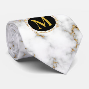 Cravate Marbre blanc Gris & Or Veining Monogramme Mariage