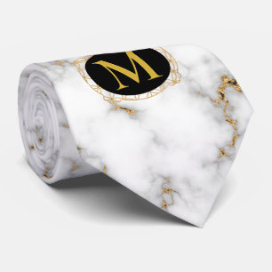 Cravate Marbre Blanc Gris & Veinure Dorée Monogramme Maria