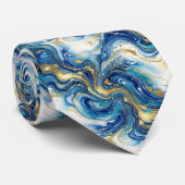 Cravate Marbre Bleu Or Luxe Motif d'Art Fluide Abstrait (Roulé)