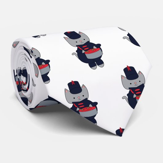 Cravate Marching Band Drummer Cat Navy Blue Red (Roulé)