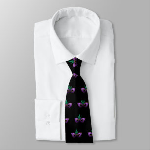 Cravate Mardi Gras Masque violet vert or éclaboussures mot