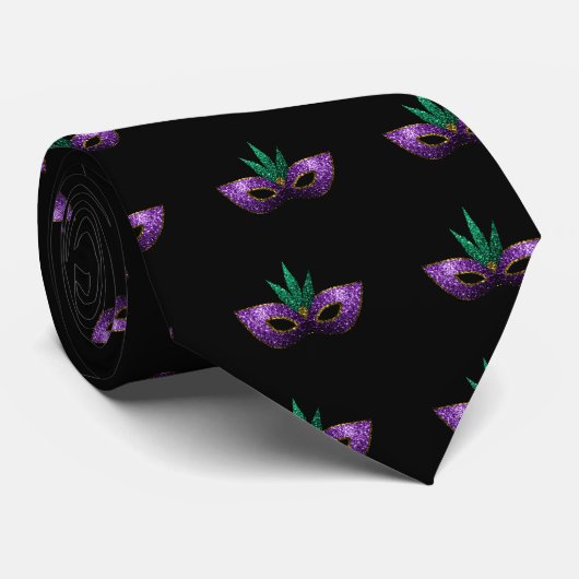 Cravate Mardi Gras Masque violet vert or éclaboussures mot (Roulé)