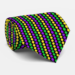 Cravate Mardi Gras Vert, Jaune, Perles Violettes sur Fond 