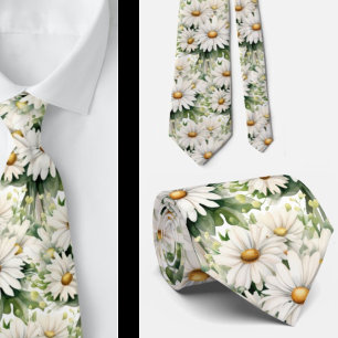 Cravate Marguerites blanches aquarelle florale