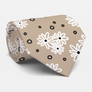 Cravate Marguerites et points - Taupe, noir et blanc
