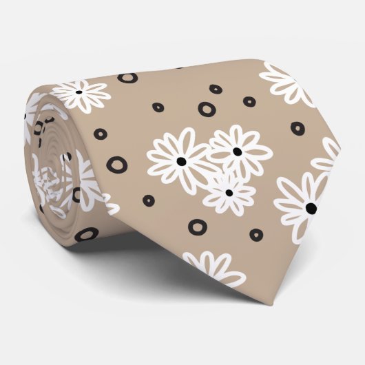 Cravate Marguerites et points - Taupe, noir et blanc (Roulé)
