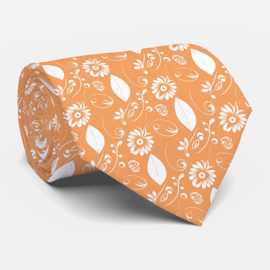 Cravate Mariage Abstrait aux Feuilles Orange et Fleurs (Roulé)