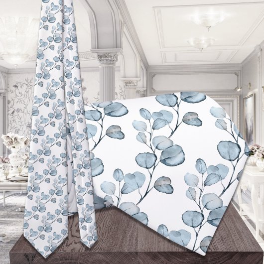 Cravate Mariage aux petites pousses d'eucalyptus bleu pous