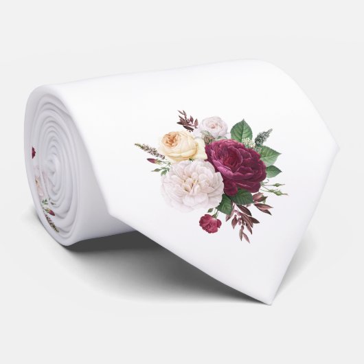 Cravate Mariage aux Roses Blanches et Bourguignonnes (Roulé)