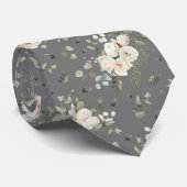 Cravate Mariage blanc Bouquet floral sur gris (Roulé)