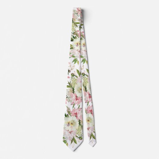 Cravate Mariage blanc brillant rose et vert (Devant)