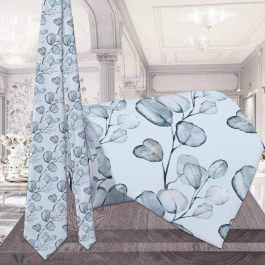 Cravate Mariage Bleu Poussiéreux Sprigs d'Eucalyptus Bleu 