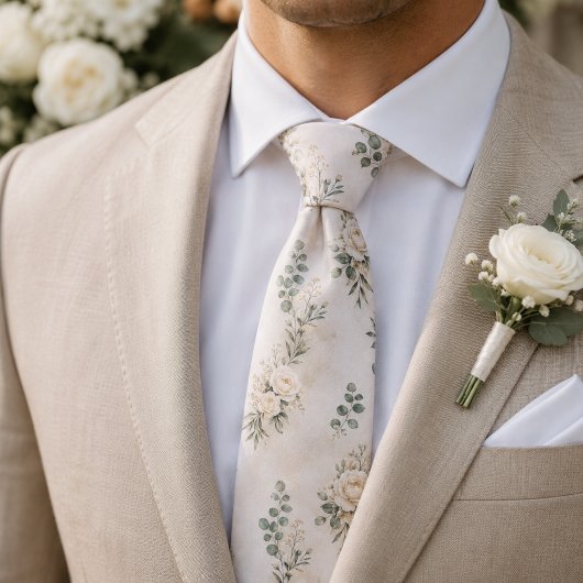 Cravate Mariage botanique de rose crème et d'eucalyptus de