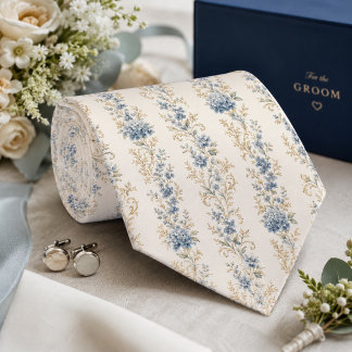 Cravate Mariage Botanique Floral Bleu Élégant Vintage