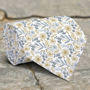 Cravate Mariage Chic Motif Floral Et Feuilles Jaunes