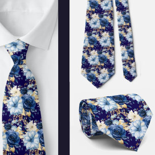 Cravate Mariage de fleurs d'aquarelle bleu marine or