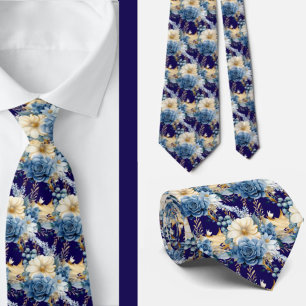 Cravate Mariage de fleurs d'aquarelle bleu marine or