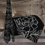 Cravate Mariage de pivoine de jardin noir et blanc moderne<br><div class="desc">Une cravate mariage moderne blanche et noire avec un arrière - plan noir solide avec un contour blanc d'une pivoine de jardin avec des feuilles.</div>
