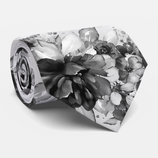 Cravate Mariage de pivoines en cascade noir et bla (Roulé)