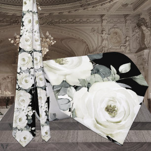 Cravate Mariage de verdure de pivoine noir et blanc